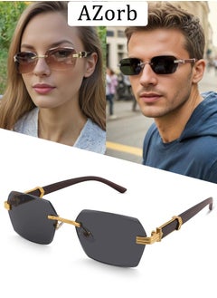 Buy Rimless Sunglasses Women Men Wood Grain Frameless Fashion Sun Glassess Mens Womens Rectangle Men's Sunglasses Ladies Sunglass Vintage Eyewear UV400 Protection Shades Tinted Gradient Lens Black in Saudi Arabia