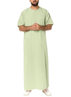 اشتري Men's Muslim Loose Casual Robe Thobe Solid Color Round Neck Short Sleeve Kaftan Light Green في السعودية
