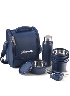 Buy SOPL-OLIVEWARE Teso Pro Lunch Box with Steel Cutlery, 3 Microwave Safe Inside Steel Containers with BPA Free Lids(290ml, 450ml & 600ml), Plastic Pickle Box(130ml), Steel Water Bottle(750ml) - Blue in UAE