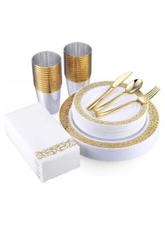 Buy 175 Piece Gold Dinnerware Set 25 Guest-50 Gold Lace Plastic Plates-25 Gold Plastic Silverware-25 Gold Plastic Cups-25 Linen Like Gold Paper Napkins, FOCUSLINE Disposable Dinnerware Set in UAE