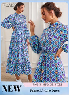 Buy Women'S Printed A-Line Dress Fashionable Long Sleeved Classic Lapel Design Contrast Ankle Length Holiday Dress in Saudi Arabia