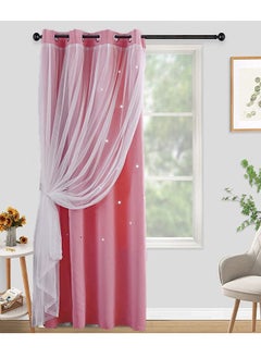 اشتري Double Layer Hollow Out Star Window Blackout Curtains for Kids Girls Bedroom Living Room Pink/White 132X160/132x213/132X240cm في الامارات