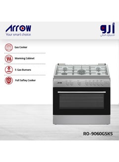 اشتري 5 Burners Gas Cooker, Size 90X60 CM | Full Sabaf Burners | Warming Cabinet | Silver Color| Full Saftey Cooker | Stainless Steel Material | Model Name: RO-9060GSKS في السعودية