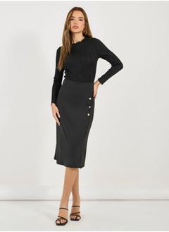 Buy Straight Fit Midi Skirt with Side Slit & Button Detail in Saudi Arabia