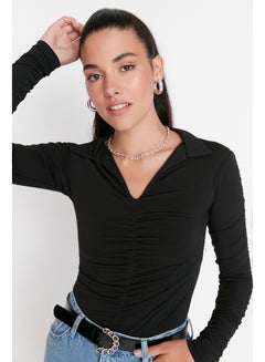 Buy Black Slim Pleated Polo Neck Stretchy Knitted Blouse TWOAW23BZ00249 in Egypt