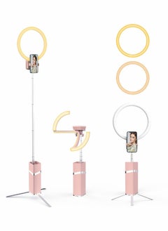 اشتري Foldable Portable Travel Selfie Ring Light, 10” Rechargeable Cordless Ring Light, 4000mAh Battery, 79” Foldable Selfie Tripod Stand Travel Ring Light for Selfie, Live Stream, Pink في السعودية