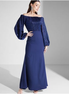 Buy Hadia Ghaleb Off Shoulder Gown With Puff Sleeves in UAE