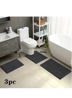 اشتري 3-Pieces Simple Soft Chenille Bathroom Mat Set Water Absorbent Non-Slip Bathroom Floor Mat Bathroom Floor Mat Black في الامارات