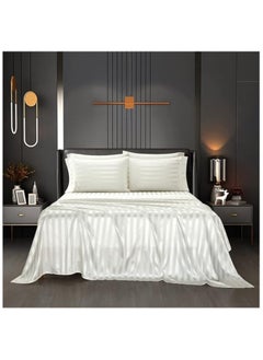 Buy 3 Piece Luxury White Striped Bed Sheet Set with 1 Flat Sheet and 2 Pillowcases With Skirting Design for Hotel an Home Crafted from Ultra Soft and Breathable Cotton for Year-Round Comfort, 210 TC, Indian Cotton, (Double) in Saudi Arabia