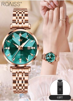 Buy Women's Steel Strap Quartz Watch Analog Display Round Green Dial with Diamond Cut Mirror Waterproof Luminous Wristwatch as Gift for Ladies in UAE