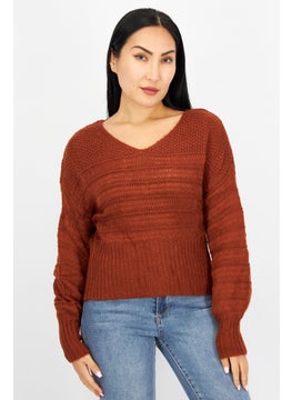 Buy Women V-Neck Solid Knitted Sweater, Nasturtium in UAE