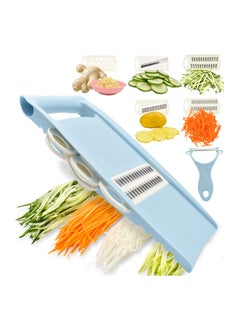 اشتري 5-in-1 Kitchen Vegetable Slicer - Multi-Blade Potato Chip Cutter, Veggie Shredder, Julienne Slicer, and Peeler for Small Kitchen Tasks - Blue في الامارات