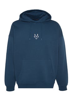 Buy Indigo Regular Cut Hooded Sweatshirt with Fleece Inside and Wolf Embroidery TMNAW24SW00018 in Egypt