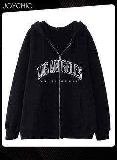 Buy New Style Long Sleeve Zipper Pullover Hoodie Trendy Letter Pattern Autumn and Winter Warm Outwear for Women Black in Saudi Arabia