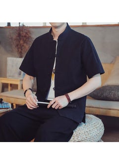 Buy Summer Tang Suit Mens Loose Collar Chinese Hanfu Cotton Linen Shirt Black in Saudi Arabia