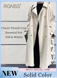 Buy Women's Mid-Length Trench Coat With Wide Belt Oversized Lapel Women's Raglan Sleeves Neck Windbreaker Drape Trench Straight Shoulder Long Sleeves in UAE