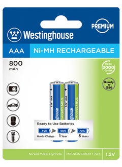 Buy Westinghouse Rechargeable AAA, 800mAh Ni-MH Battery Blister Pack of 2 in UAE