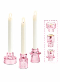 Buy Tea light Candle Holder 2-In-1 Candlestick - Pink Crystal Glass Decorative Candleholder For Taper/Tea light Candles, Home Decor Dinning Table Centerpiece For Wedding Party, Set Of 3 in Saudi Arabia