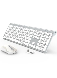 اشتري wireless keyboard and mouse,Rechargeable keyboard and mouse,Full Size Wireless keyboard with Number Pad,2.4G keyboard For MAC Windows White+Silver في الامارات