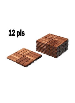 Buy 12-Piece Acacia Wood Floor Tile Set Brown in Saudi Arabia