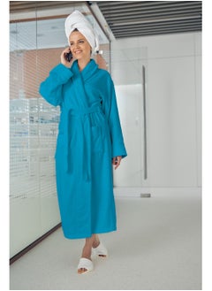 Buy 380 GSM Unisex Cotton Fleece Bathrobe Skin-friendly Breathable Nightgown Simple Hooded Home Clothes Peacock Blue in UAE