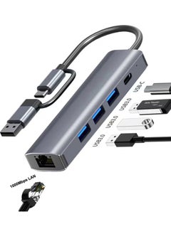 اشتري محول USB إلى Ethernet، موزع USB 5 في 2 مع Ethernet، التوصيل والتشغيل، محول شبكة متعدد المنافذ مع 3 منافذ USB 3.0، Gigabit RJ45، منفذ طاقة USB-C متوافق مع أجهزة الكمبيوتر المحمولة MacBook XPS Windows 11 في السعودية