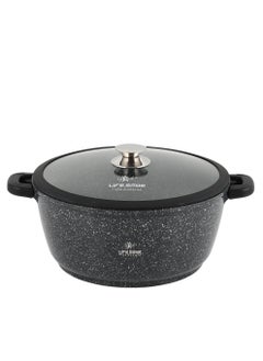 اشتري 28cm (6.9 Liter) LIFE SMILE Cooking Pot - Multi Layer Non Stick Granite Coating 100% PFOA Free - Glass Lid With Silicone Rim - Detachable Silicone Handles - oven safe (Black) في الامارات