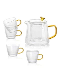 Buy 5 piece glass teapot set with a stainless steel strainer with a lid and handle, 4 cups/cups, and a teapot with a capacity of 600 ml. in Saudi Arabia