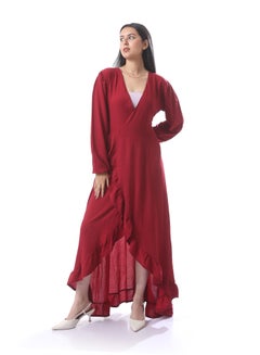 Buy Chic Maxi Long Sleeves Wrap Dress With Ruffle Design - Dark Red in Egypt