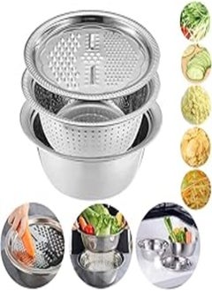 Buy TeeBetter Multifunctional Stainless Steel Basin with Grater Vegetable Cutter with Drain Basket Bowl Set 3 in 1 Cheese Grater Ginger Grater with Strainer Basin for Kitchen Washing Vegetables (28cm) in Egypt