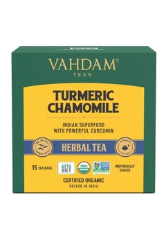 اشتري Vahdam Turmeric Chamomile Herbal Tea 30 G, 15 Tea Bags | Certified Organic | No GMO | Herbs And Spices | Strong Turmeric And Relaxing Chamomile في الامارات