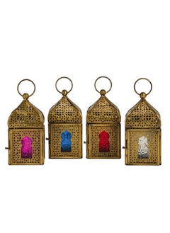 اشتري HilalFul Mini Brass Antique Style Decorative Candle Holder Lanterns - Multicolor Glass (Set of 4) | For Home Decor in Eid, Ramadan, Wedding | Living Room, Bedroom, Indoor, Outdoor Decoration في الامارات