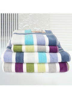 اشتري 4 Piece Bathroom Towel Set JEWELS 500 GSM 100% Cotton Velour 2 Bath Towel 70X140 cm & 2 Hand Towel 50x90 cm Blue & Green Color Modern Stripe Design Luxury Touch Extra Absorbent في الامارات