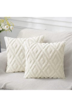 Buy Plush Cream White 17x17 Inch Faux Fur Throw Pillow Covers Set of 2 with Stylish 3D Diamond Pattern for Sofa and Living Room Decor in Saudi Arabia