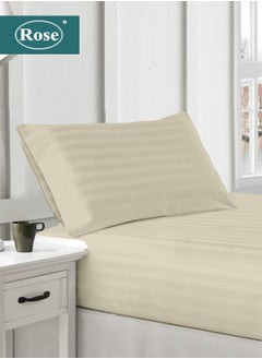 Buy Rose Luxurious Hotel Stripe Fitted Sheet with Deep Pockets and Pillow Case, Bed Sheet 2-Pieces Set, Soft & Silky Microfiber Breathable and Cooling, Extra Twin Size 120x200+35 cm, Beige in Saudi Arabia