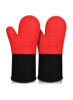 Buy Non-Slip Silicone Oven Mitt Waterproof Heat Resistant Kitchen Long Cotton Bbq Baking Gloves for Barbecue Cooking in UAE