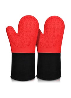 Buy Non-Slip Silicone Oven Mitt Waterproof Heat Resistant Kitchen Long Cotton Bbq Baking Gloves for Barbecue Cooking in UAE