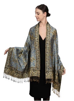 Buy Achillea Soft Silky Reversible Paisley Pashmina Shawl Wrap Scarf w/Fringes (Steel Blue) in UAE