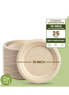 Buy Ecoway [10 Inch - Pack Of 25] Disposable Plates Made With Bagasse Sugar Canes Microwave & Freeze Safe, Compostable & Biodegradable Dinner Plates, Everyday Tableware Strong & Large Brown in UAE