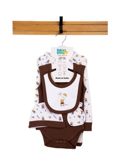 Buy 7 Piece Unisex 100% Cotton Gift Set Include Bib, Blanket, Mitten, Cap, Romper, Top And Bottom Set, Brown in UAE