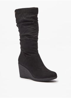 Buy Women Ruched High Shaft Boots with Wedge Heels in Saudi Arabia