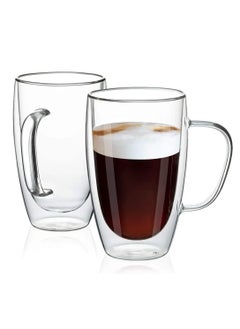 Buy Double Wall Cup with Handle, Insulated Glass for Tea Coffee Espresso Cold Drinks Ice Cream (2pcs, 450ml) in UAE