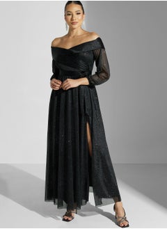 Buy Off Shoulder Shimmer Dress With Slit in UAE