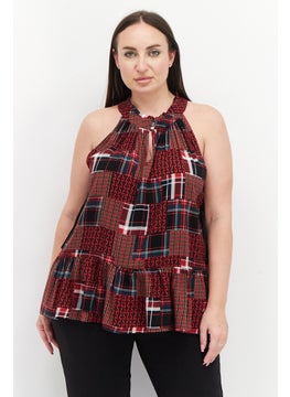 Buy Women High-Neck Sleeveless Plaid Peplum-Hem Tank Top, Red Combo in UAE