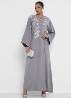 Buy Embroidered V- Neck Open Abaya in UAE