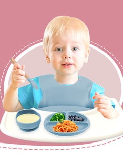 Buy Anti Fall Five Piece Tableware Set Children's Food Supplement Silicone Plate, Bowl, Fork, Spoon, Bib Suitable for Little Babies in Saudi Arabia