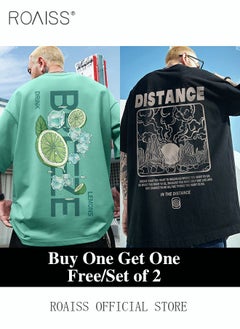 Buy 2Pcs Man's T-shirt Loose Version Trendy All-Match Pattern Printing Short Sleeves in Saudi Arabia