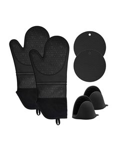 Buy Oven Mitts and Pot Holders Sets Heat Resistant Silicone Oven Mittens with Mini Oven Gloves and Hot Pads Potholders for Kitchen Baking Cooking Quilted Liner Black in UAE