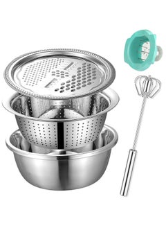 اشتري Multi Stainless Steel Basin Grater, 5-in-1 Mixing Bowl Rice Washer, Graters Basin Colander Strainer Set, Vegetable Cutter Slicer Salad Maker Bowl with Safety Holder and Semi-Automatic Egg Whisk, 28cm في السعودية