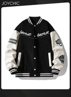 Buy Classic Trendy Autumn and Winter Warm Cotton Outwear Mens Button Varsity College Baseball Jacket Casual Embroidered Streetwear Coat Black in UAE